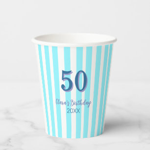 sky blue stripes 50th birthday name date simple paper cups