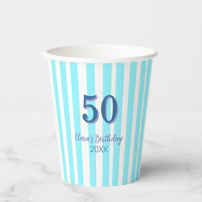 sky blue stripes 50th birthday name date simple paper cups (Front)