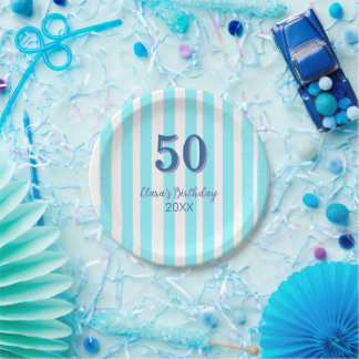 sky blue stripes 50th birthday name date simple paper plate