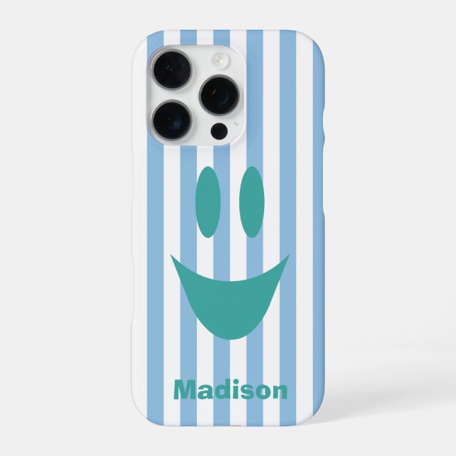 Sky Blue Stripes Cute Mint Smiley iPhone Case (Back)