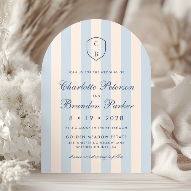 Sky Blue Stripes Monogram Crest Wedding Invitation (Creator Uploaded)