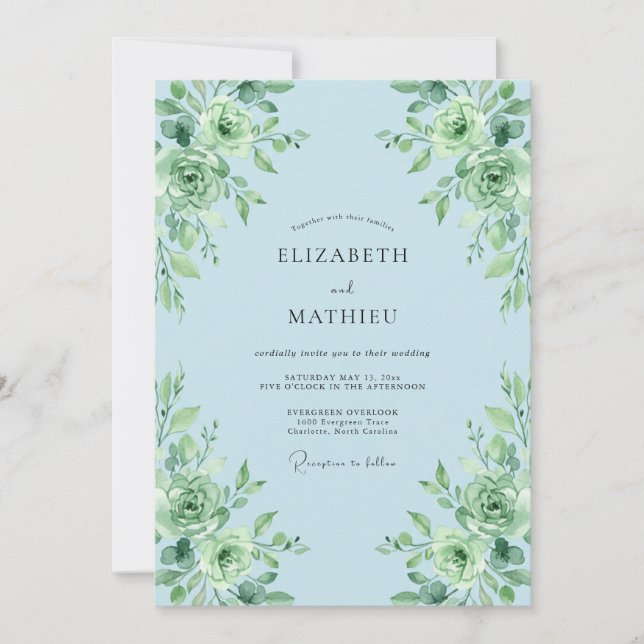 Sky Blue Succulent Bloom Wedding Invitation (Front)