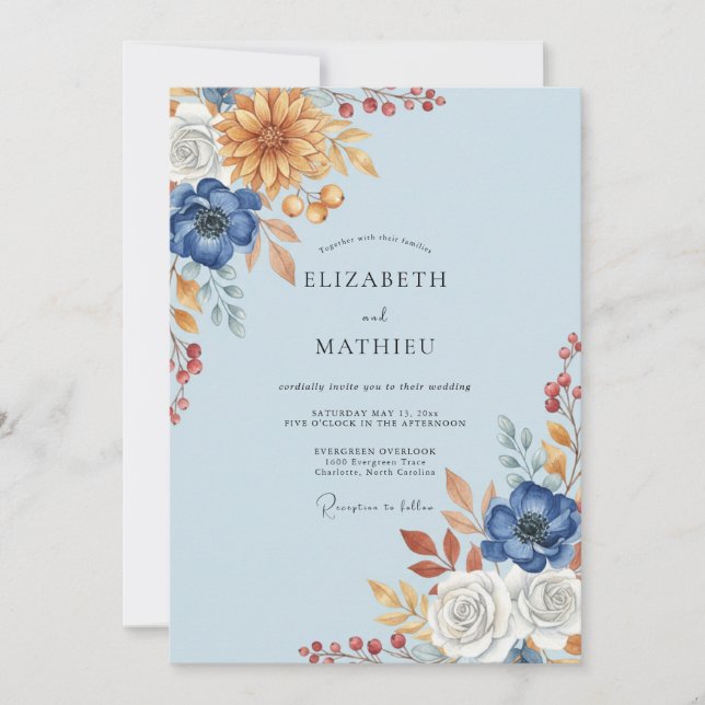 Sky Blue Sunflower Eucalyptus Wedding Invitation (Front)