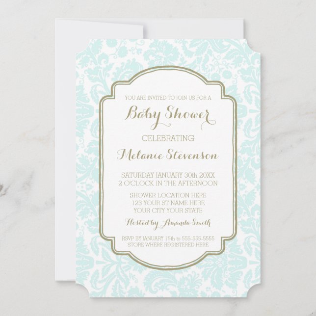 Sky Blue Tan Damask Custom Baby Shower Invitations (Back)