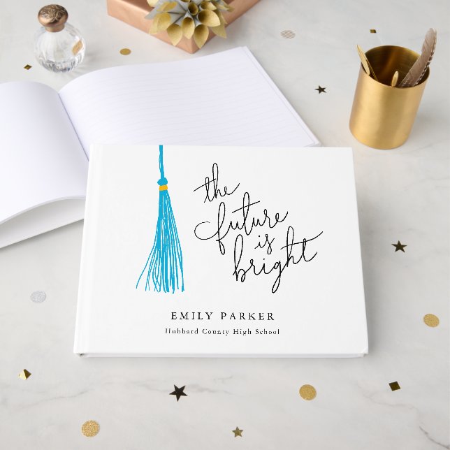 Sky Blue Tassel The Future Is Bright Graduation Guest Book (Front Open)