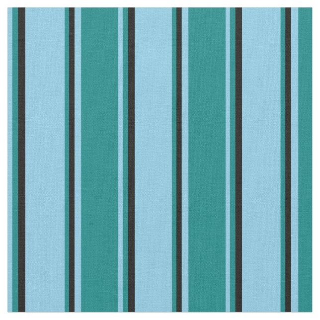 Sky Blue, Teal, and Black Pattern of Stripes Fabric (Close Up)