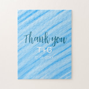 Sky blue thank you add couple name date year text jigsaw puzzle