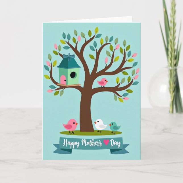 Sky Blue Tree Bird Friends Card (Front)