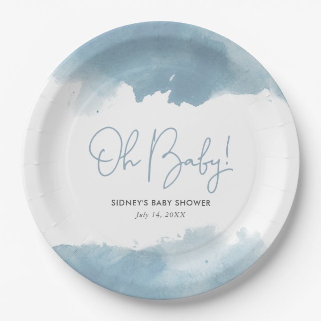 Sky Blue Watercolor Baby Shower Paper Plate (Front)