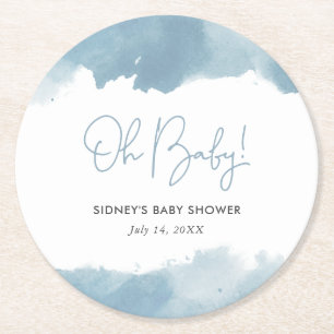 Sky Blue Watercolor Baby Shower Round Paper Coaster