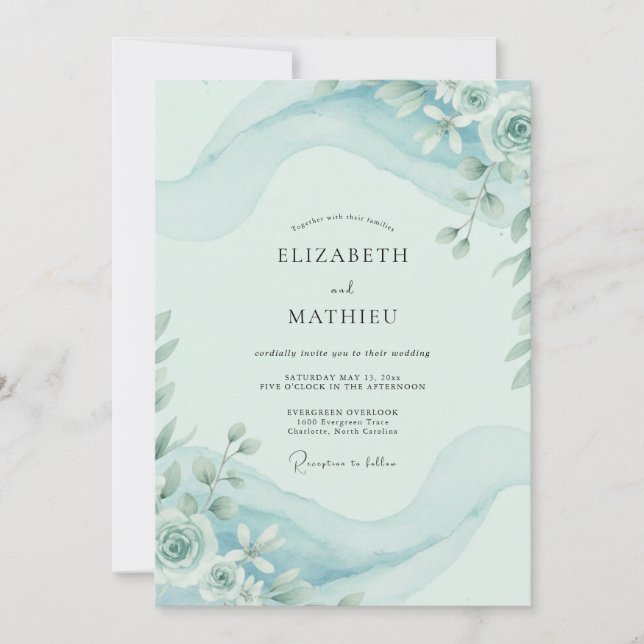 Sky Blue Watercolor Floral Wedding Invitation (Front)