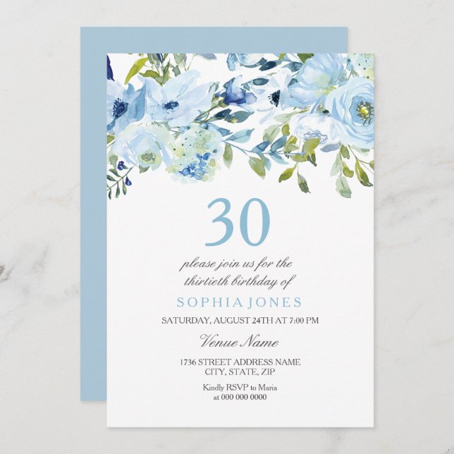 Sky Blue Watercolor Flowers 30th Birthday Party Invitation (Front/Back)