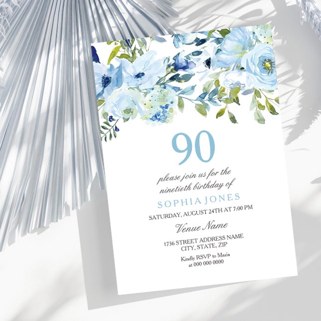 Sky Blue Watercolor Flowers 90th Birthday Party Invitation (Creator Uploaded)
