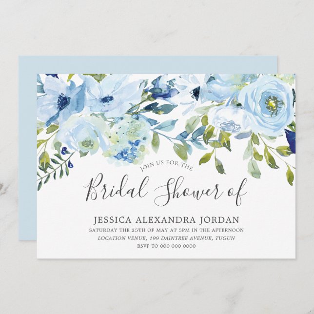 Sky Blue Watercolor Flowers Bridal Shower Invitation (Front/Back)
