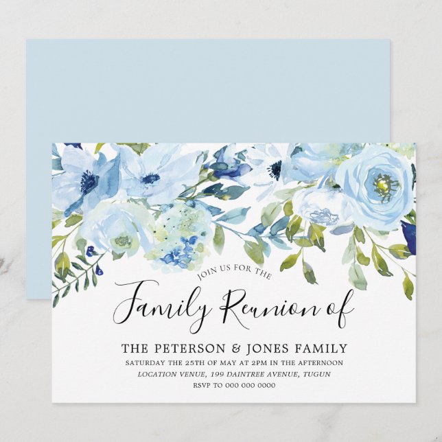 Sky Blue Watercolor Flowers Family Reunion Invitation (Front/Back)