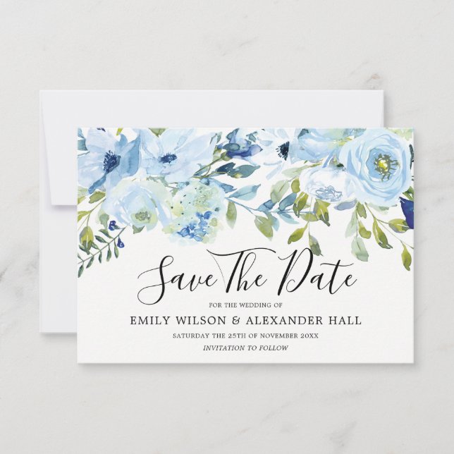 Sky Blue Watercolor Flowers Modern Wedding Save The Date (Front)