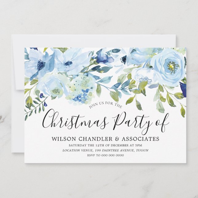 Sky Blue Watercolor Flowers Office Christmas Party Invitation (Front)