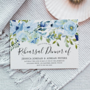 Sky Blue Watercolor Flowers Rehearsal Dinner Invitation