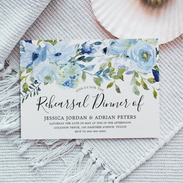 Sky Blue Watercolor Flowers Rehearsal Dinner Invitation (Creator Uploaded)