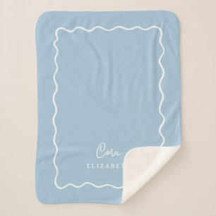 Sky Blue Wavy Border Monogrammed Sherpa Blanket