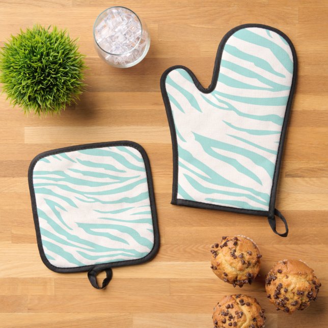 Sky Blue White Chic Zebra Print Oven Mitt & Pot Holder Set (Top Down)