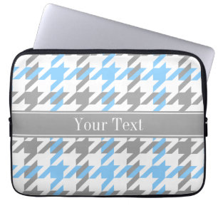 Sky Blue White Dk Grey Houndstooth Name Monogram Laptop Sleeve