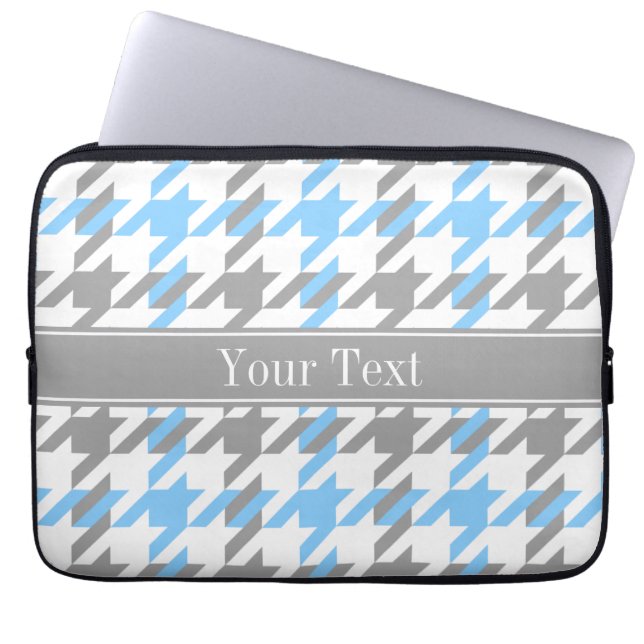 Sky Blue White Dk Grey Houndstooth Name Monogram Laptop Sleeve (Front)