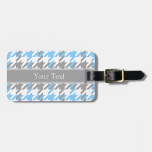 Sky Blue White Dk Grey Houndstooth Name Monogram Luggage Tag