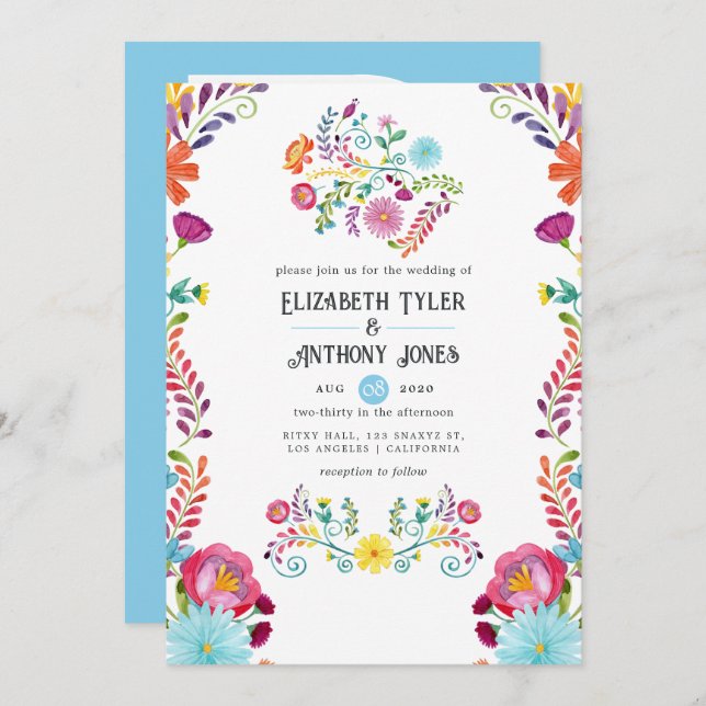 Sky Blue & White Floral Mexican Fiesta Wedding Invitation (Front/Back)