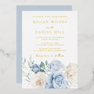 Sky Blue & White Flowers Gold Foil Wedding