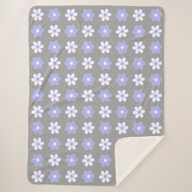 Sky Blue & White Flowers on Silver Grey Sherpa Blanket (Front)