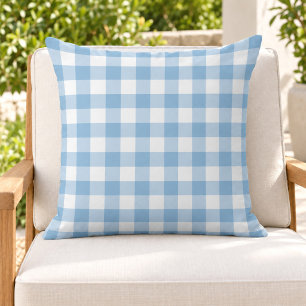 Sky Blue White Gingham Plaid Check Cushion