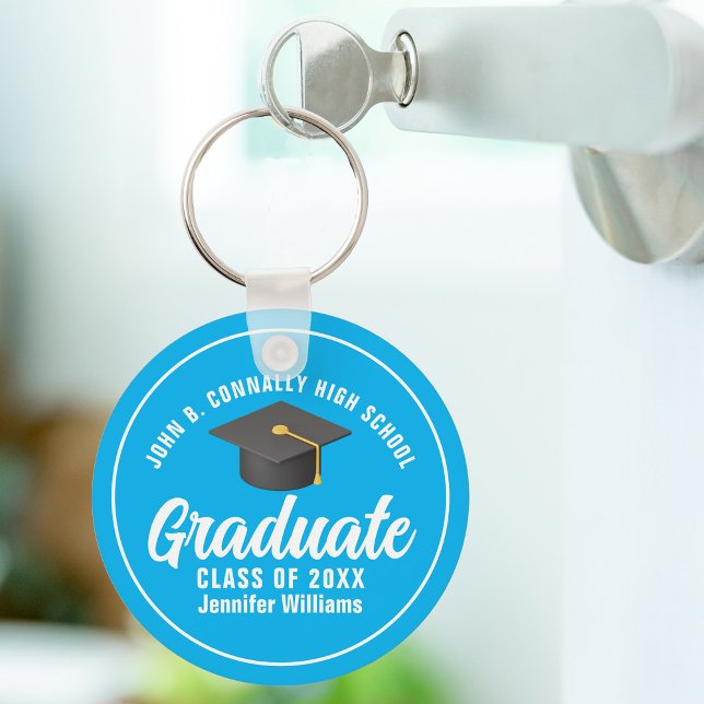 Sky Blue White Graduate Custom Graduation Gift Key Ring (Creator Uploaded)