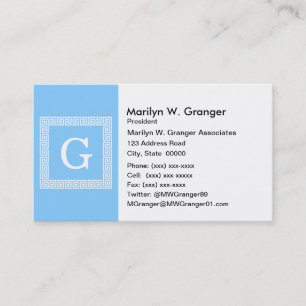 Sky Blue White Greek Key Frame #1 Initial Monogram Business Card