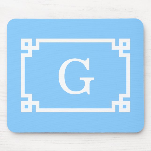 Sky Blue White Greek Key Frame #2 Initial Monogram Mouse Pad (Front)