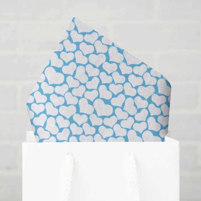 Sky Blue White Hearts Happy Design Tissue Paper (Gift Bag)