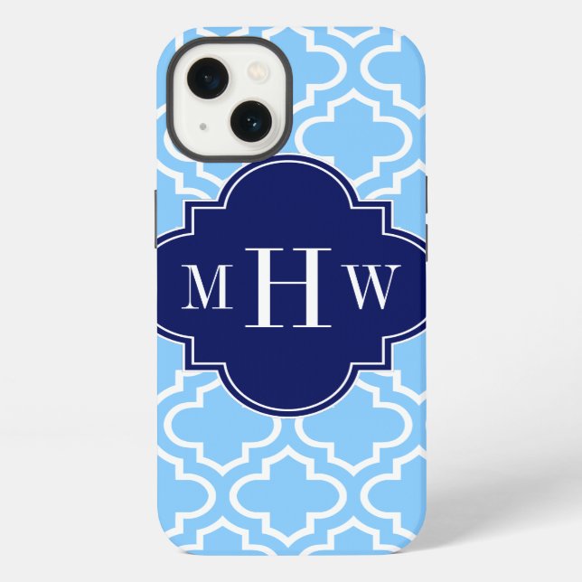 Sky Blue White Moroccan #6 Navy 3 Initial Monogram iPhone Case (Back)
