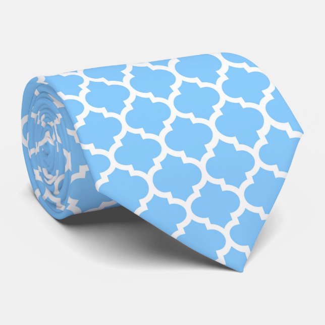 Sky Blue White Moroccan Quatrefoil Pattern #5 Tie (Rolled)