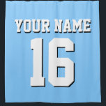 Sky Blue White Sports Jersey Team Jersey Shower Curtain<br><div class="desc">Preppy Solid Colour Team Jersey / Sports Jersey / Football Jersey / Rugby Jersey with Custom Name Customise this with your own name or team name and a number. You can change the size, colour and placement of the text if you need to make changes, change the colour of or...</div>