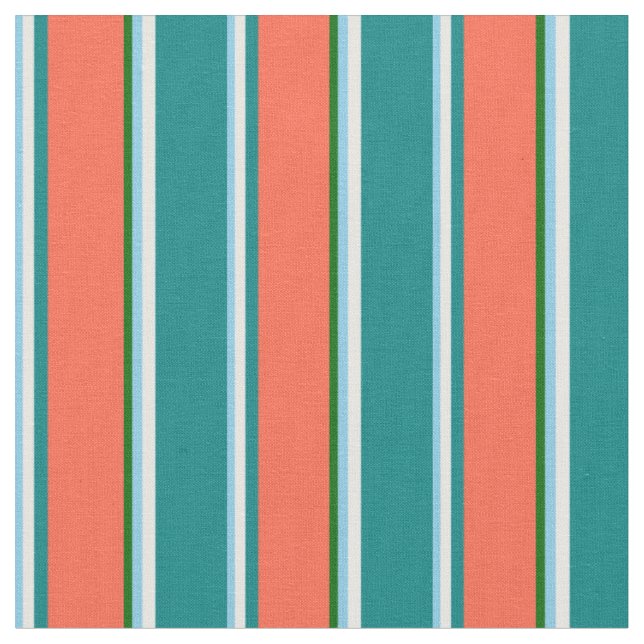 Sky Blue, White, Teal, Red & Dark Green Coloured Fabric (Close Up)