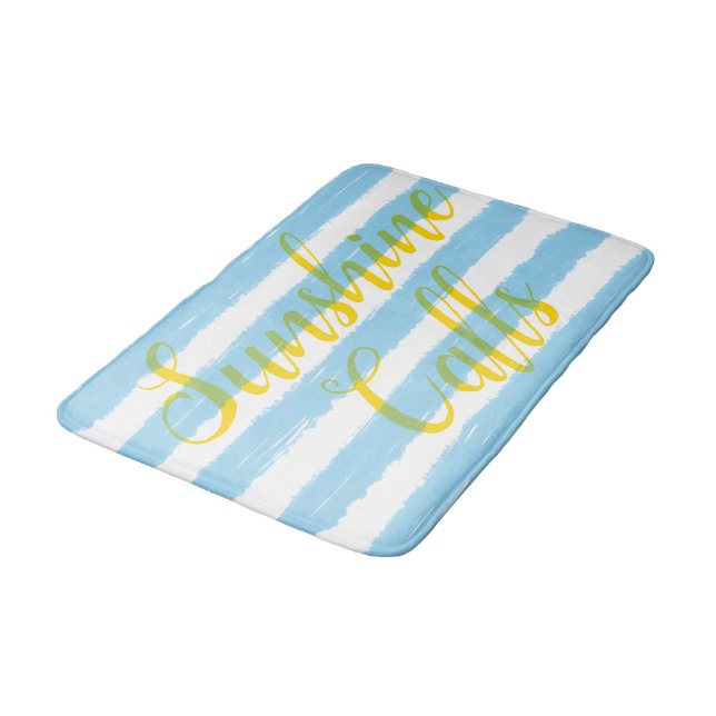 Sky Blue White Watercolor Stripes Bath Mat (Angled)