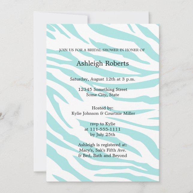 Sky Blue White Zebra Animal Bridal Shower Invitation (Front)
