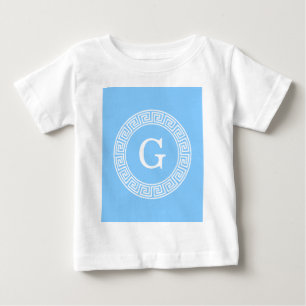 Sky Blue Wht Greek Key Rnd Frame Initial Monogram Baby T-Shirt