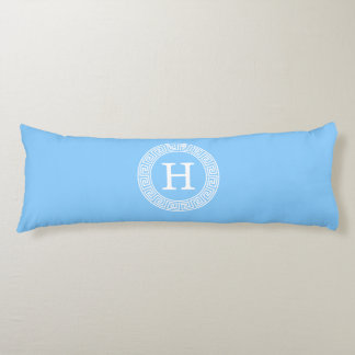 Sky Blue Wht Greek Key Rnd Frame Initial Monogram Body Cushion