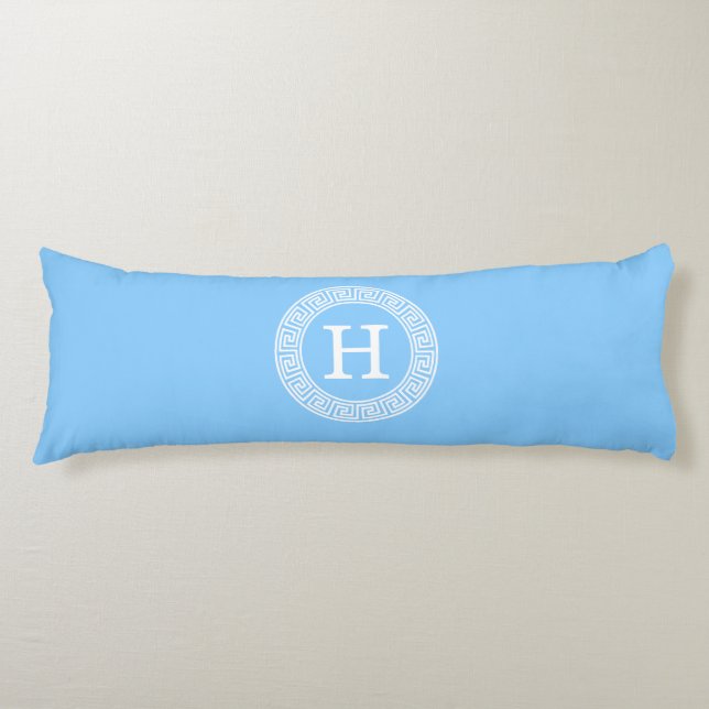 Sky Blue Wht Greek Key Rnd Frame Initial Monogram Body Cushion (Front)