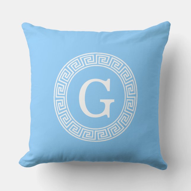 Sky Blue Wht Greek Key Rnd Frame Initial Monogram Cushion (Front)