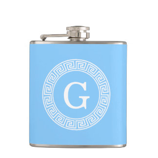Sky Blue Wht Greek Key Rnd Frame Initial Monogram Hip Flask