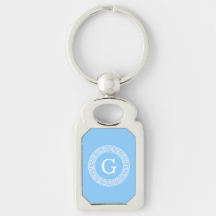 Sky Blue Wht Greek Key Rnd Frame Initial Monogram Key Ring