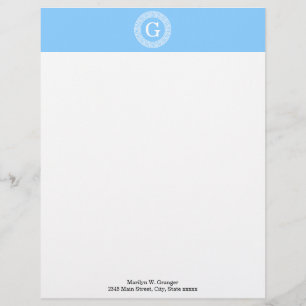 Sky Blue Wht Greek Key Rnd Frame Initial Monogram Letterhead Design