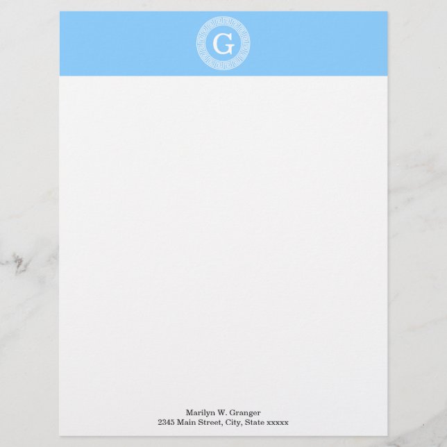 Sky Blue Wht Greek Key Rnd Frame Initial Monogram Letterhead Design (Front)